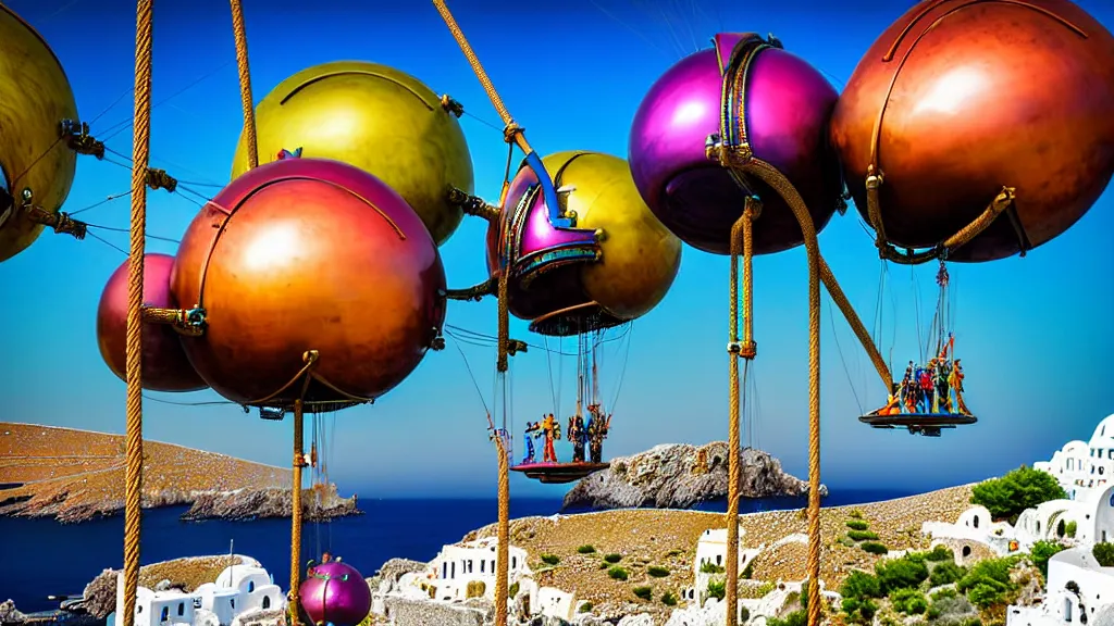 Image similar to large colorful futuristic space age metallic steampunk steam - powered balloons with pipework and electrical wiring around the outside, and people on rope swings underneath, flying high over the beautiful greek islands landscape, professional photography, 8 0 mm telephoto lens, realistic, detailed, photorealistic, photojournalism