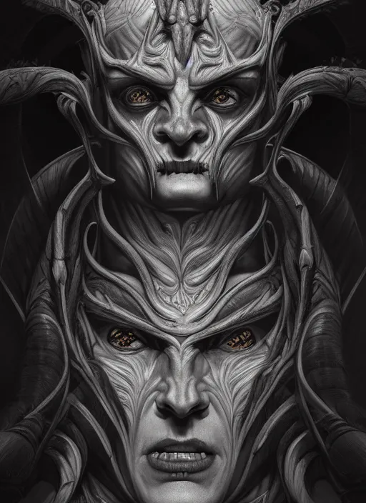 Image similar to symmetry!! portrait of grotesque hades, greek mythology, ancient greece, underworld, intricate, dark design, highly detailed, dark lighting, digital art, digital painting, artstation, sharp focus, illustration, art by artgerm and h r giger and greg rutkowski and alphonse mucha, 8 k