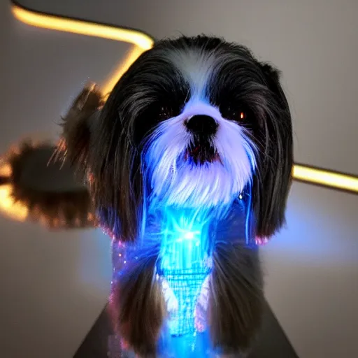 Prompt: Metal Robot Shihtzu, OLED Eyes, Gears, blue lights