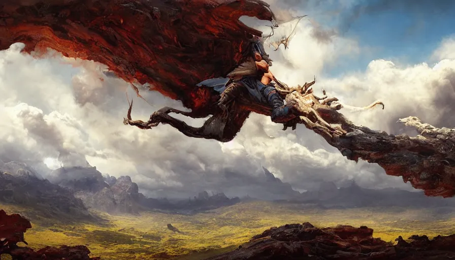 Image similar to excellent painted daemon in a wide epic beautiful landscape somewhere in australia with fluffy clouds, painted by Hans Fredrik Gude, Greg Rutkowksi, Craig Mullins and Artgerm, masterpiece, 4k, ultra realistic highly detailed oil painting