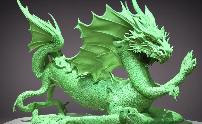 Image similar to statue of a dragon made of green jade, subsurface scattering, translucent, Dynamic Light and Shadows, Rendering, Redshift, 8k