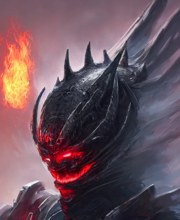 Image similar to a detailed portrait of a menacing armoured dark lord with glowing red eyes and a crown of fire by Tyler Edlin and Moebius, 4k resolution, photorealistic