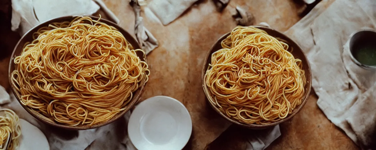 Image similar to the largets bowl of spaghetti in history, small details, intricate, canon 5 0 mm, wes anderson film, kodachrome