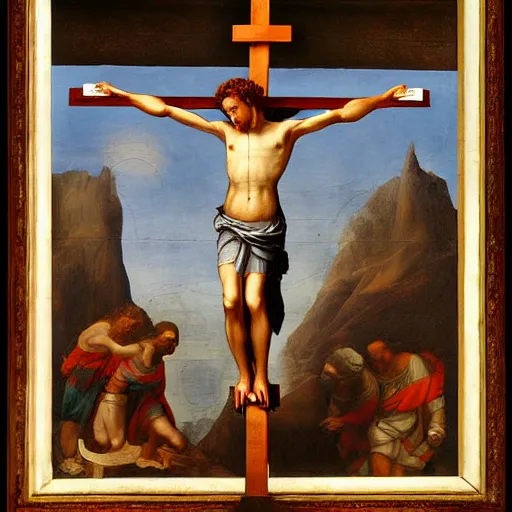 Image similar to Mark zuckerberg on the cross, painting by Leonardo da Vinci