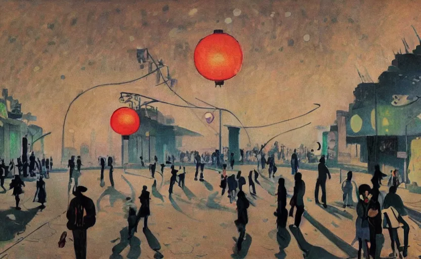 Image similar to people with posters and a huge spiral - shaped white luminous attractor is floating on the horizon near chinese street, concept art, art for the game, professional lighting, by henri matisse