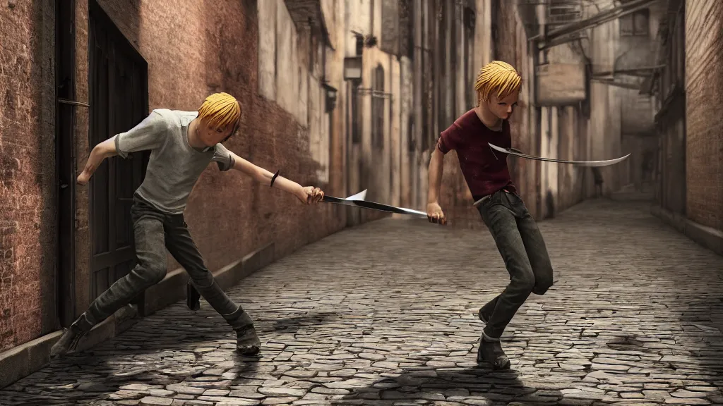 Prompt: A young blonde boy thief with daggers fighting in an alleyway , octane render, high detail, photorealistic, High details,4k