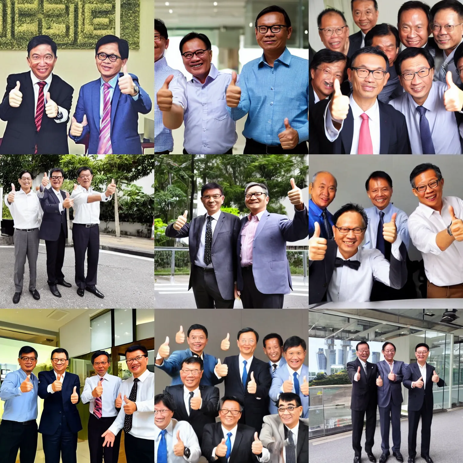 Prompt: middle - aged singaporean businessmen posing for a photograph, thumbs up sign