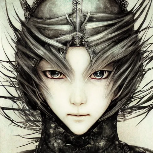 Image similar to Yoshitaka Amano realistic illustration of an anime girl with wavy white hair and cracks on her face wearing dark souls armour with the cape fluttering in the wind, abstract black and white patterns on the background, noisy film grain effect, highly detailed, Renaissance oil painting, weird portrait angle