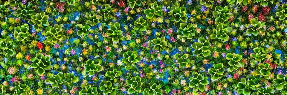 Image similar to Solarpunk synthetic plants blooming, close-up from above, colourful, 8k, stunning masterpiece, award winning, world press photo, futuristic, intense atmosphere by photographer Will Ellis