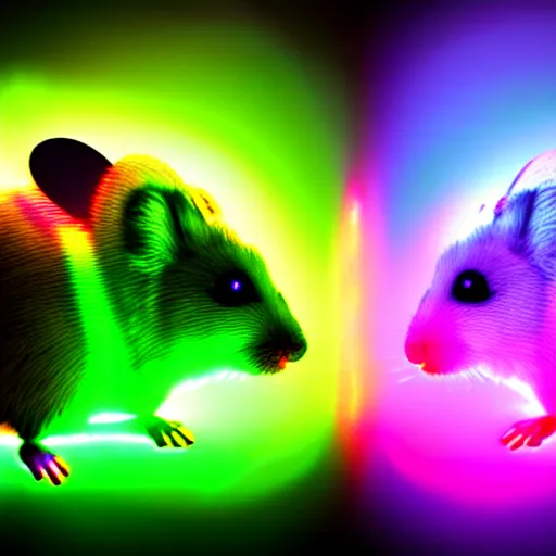 Image similar to cyberpunk hamster made of glowing neon lights holding a rainbow gem crystal, light reflection, 8 k, hd, logo