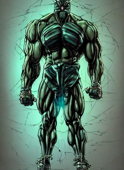 Image similar to Full body portrait of an extremely muscular, very buff, huge mutant man with a creepy cybernetic mask. He Is wearing only a loincloth. In style of Yoji Shinkawa and Hyung-tae Kim, trending on ArtStation, dark fantasy, great composition, concept art, highly detailed. Colourful.