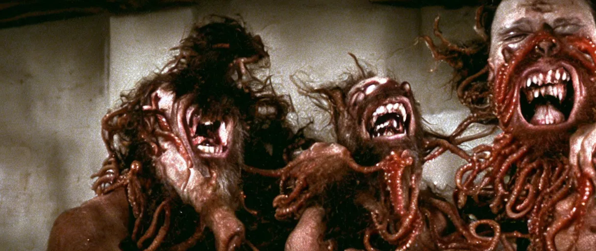 Prompt: filmic extreme wide shot movie still 4 k uhd interior 3 5 mm film color photograph of a bearded man with living teeth and tentacles grabbing another man who is screaming oh my god in the style of the horror film the thing 1 9 8 2