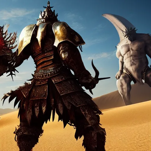 Prompt: great warrior with edgy armor facing a giant monster in black desert sands. Hyper realistic. High intricate details. Photo realistic. Hyper details.