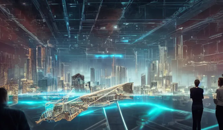 Image similar to group of people in simple warehouse, looking at hologram of futuristic city on a table, cinematic concept art, godrays, golden hour, natural sunlight, 4 k, clear details, tabletop model buildings, center model buildings, hologram center, crane shot, crane shot, crane shot