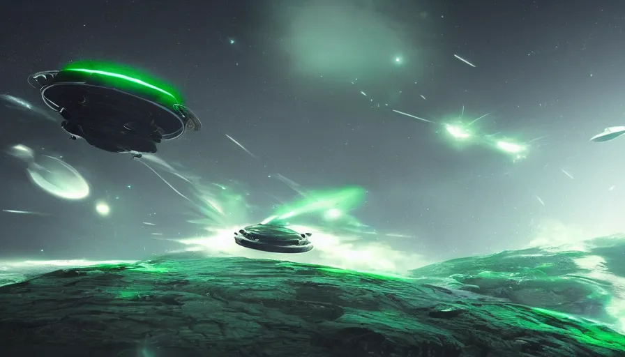 Prompt: interstellar alien ship with green flaire attacks a planet, high detailed, cinematic compostion, artstation trending