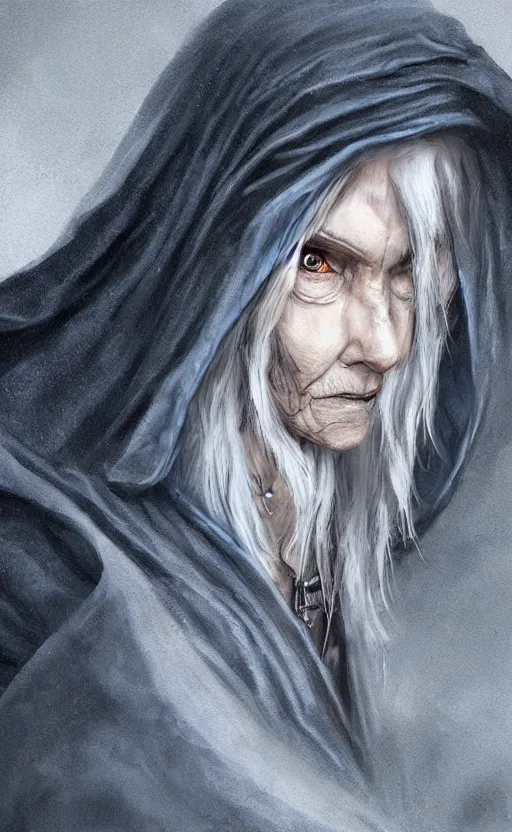 Image similar to an older woman with silver hair and piercing blue eyes. she's wearing a dark, hooded cloak and looks like she knows her way around a sword, dynamic lighting, photorealistic fantasy concept art, trending on art station, stunning visuals, creative, cinematic, ultra detailed