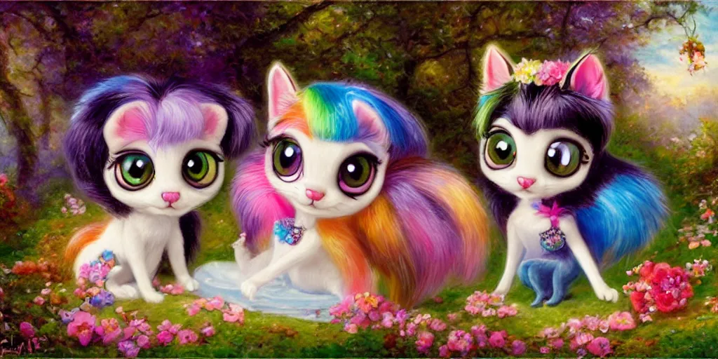 Prompt: 3 d littlest pet shop cat, lacey accessories, glittery wedding, ice cream, gothic, raven, rainbow, smiling, forest, master painter and art style of noel coypel, art of emile eisman - semenowsky, art of edouard bisson