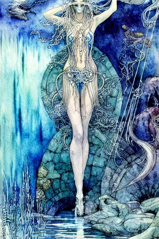 Image similar to painting of magical underwater kingdom art by luis royo and walter crane and kay nielsen, watercolor illustration, sharp focus