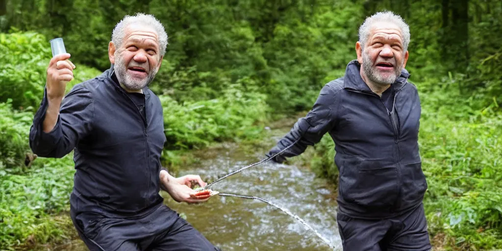 Prompt: alan sugar going for a walk in the country eating leaves in the forest eating toast and drinking water from a stream, with skyscraper arms. pastry pets on his shoulders, and sitting on hands. running advert