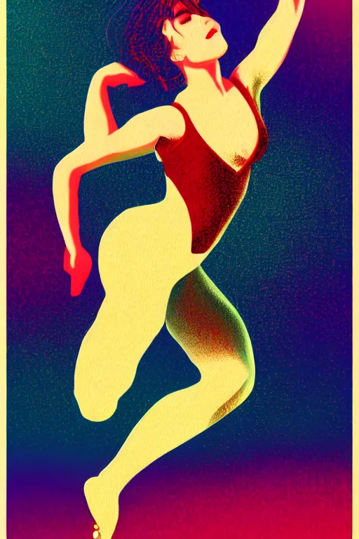 Image similar to illustrated poster of a dancer, in the style of john avon and raul urias and eva widermann, trending on artstation, halfrear lighting closeup view anaglyph filter, bokeh, anime, colored pencil art, belle epoque