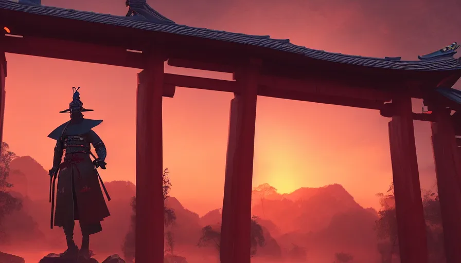 Prompt: An armed samurai standing under a torii gate, red sunrise , hyperdetailed, artstation, cgsociety, 8k