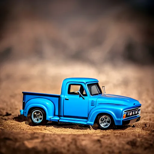 Prompt: a commercial photography of a hot wheels ford f 1 0 0 truck on a country dirt road diorama scene, cinematic lighting, product shot, detailed, hq, macro lens