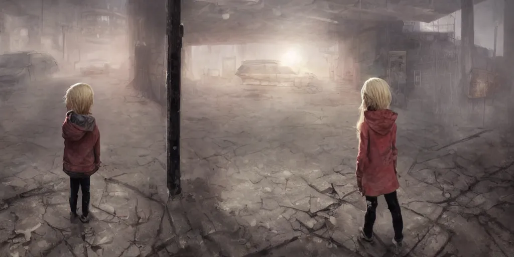 Prompt: a blonde haired little girl wearing a hoodie standing in a post - apocalyptic city by craig davison and kashin wadim, abandoned bus stop, craters, scorching weather, realistic, epic composition