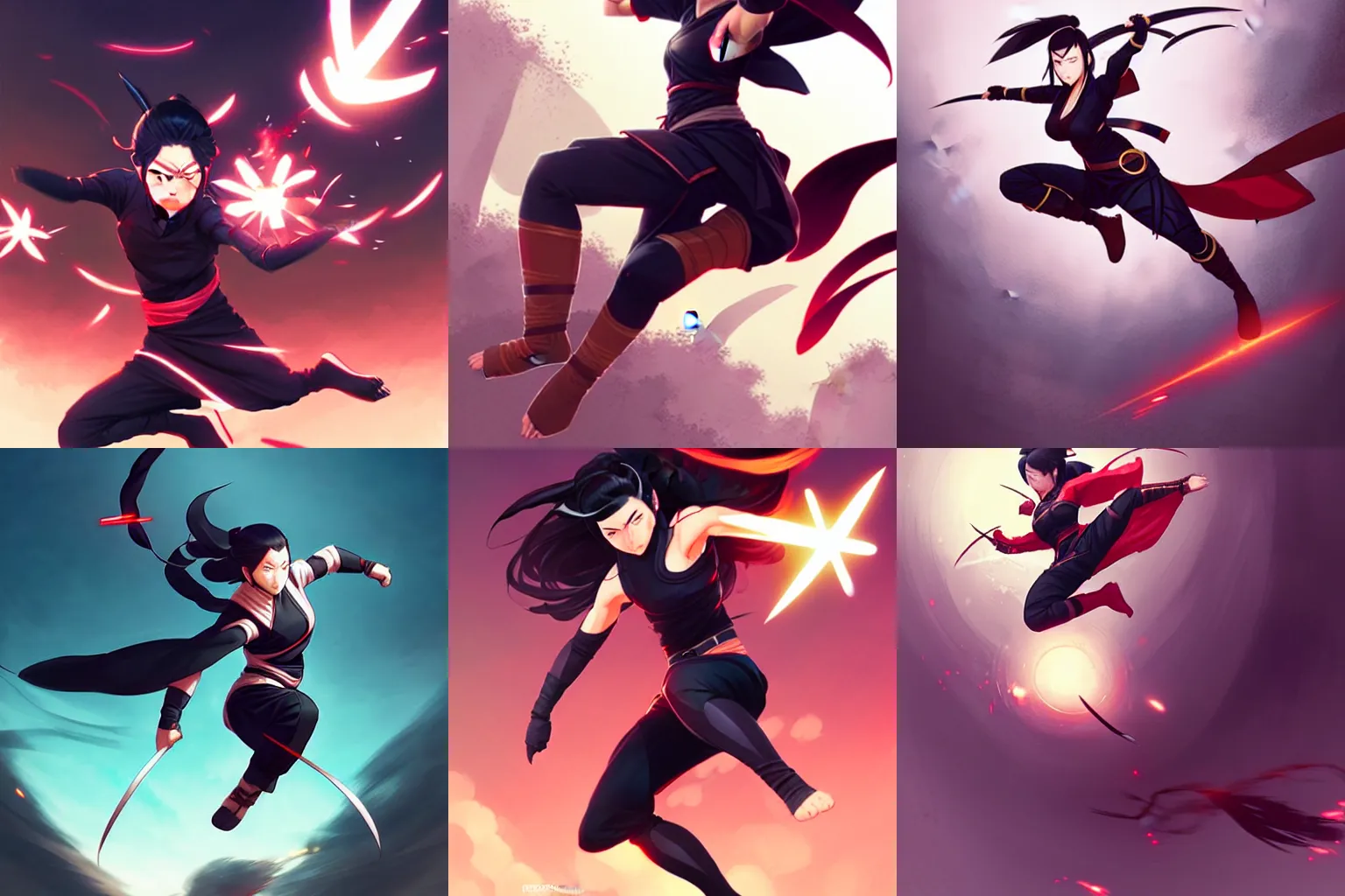 Prompt: kunoichi jumping and throwing shuriken toward the camera, digital illustration, by artgerm, greg rutkowski, ross tran.