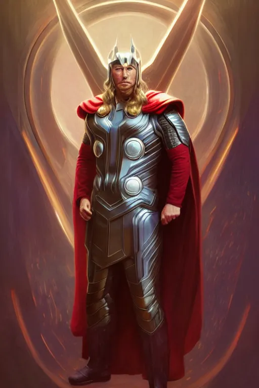 Image similar to elon musk as thor, realistic portrait, symmetrical, highly detailed, digital painting, artstation, concept art, smooth, sharp focus, illustration, cinematic lighting, art by artgerm and greg rutkowski and alphonse mucha