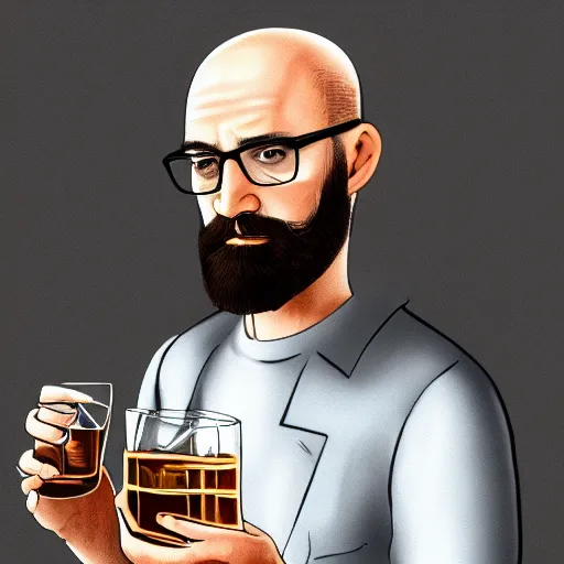 Prompt: portrait of a young, bald, moderately bearded man wearing glasses, drinking a glass of whiskey, digital painting, highly detailed, hd, 4k, trending on artstation