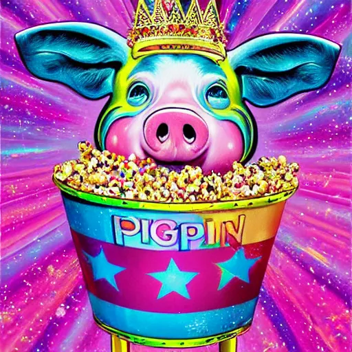 Image similar to lisa frank action pose pig wearing a gold crown throwing pop corn painting by android jones