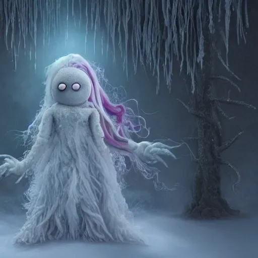 Prompt: a fluffy humanoid ethereal ghost like live action muppet wraith like figure with a squid like parasite taking over its head and four long tentacles for arms that flow gracefully at its sides like a cloak while it floats around a frozen rocky lake in the middle of the frozen woods searching for lost souls and that hides amongst the shadows in the trees, this character can control the ice and snow and has mastery of the shadows, it is known as the bringer of nightmares and the ruler of endless night terrors, it is a real muppet by sesame street, photo realistic, real, realistic, felt, stopmotion, photography, sesame street