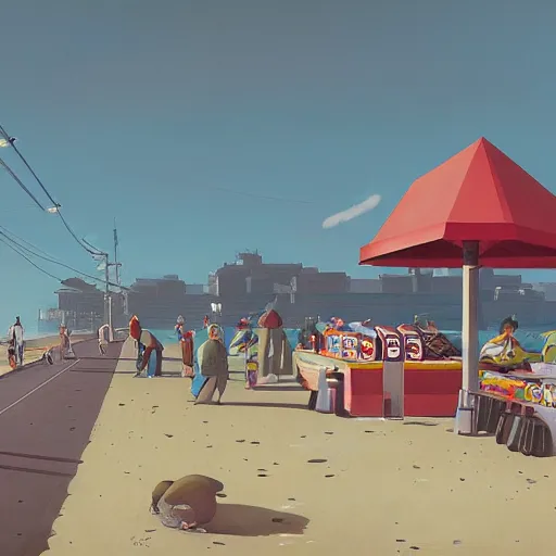 Image similar to fast food counter by the beach by simon stalenhag