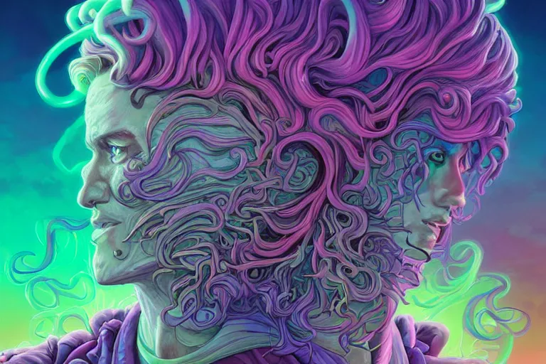 Image similar to cell shaded, a vaporwave ombre biomechanical druid of creativity, flowing hair, beautiful character fashion design, by josan gonzalez, shag, nagel, and paul lehr and david heskin and seb mckinnon and jared s. merantz and alex grey, hi - fructose, 8 k, digital matte painting