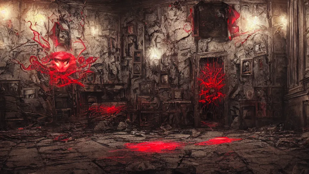 Prompt: a sigil scribbled on the ground, the sigil is shining yellow light and the red goblin is sucked into it and vanished., inside a haunted destroyed house, trending on artstation, wide view, cinematic view, cinematic, 8 k, digital photo, unreal engine, colored paint, colorful paint, scary style