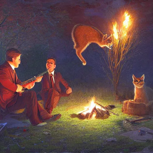 Prompt: cute caracals in red ties playing a guitar near campfire, night, atmospheric lighting, intricate, volumetric lighting, digital art, highly detailed by gaston bussiere, craig mullins, j. c. leyendecker 8 k