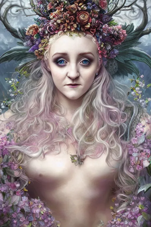 Prompt: closeup portrait shot of evanna lynch as delirium of the endless, titania, the fairy queen, floral growth, thick fancy makeup, highly detailed, digital painting, artstation, concept art, soft focus, depth of field, artgerm, tomasz alen kopera, peter mohrbacher, donato giancola, wlop, boris vallejo