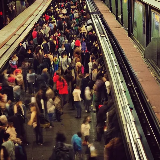 Image similar to [ crowded subway in new york city ] : : tilt - shift photography : : muted colors : : 8 k