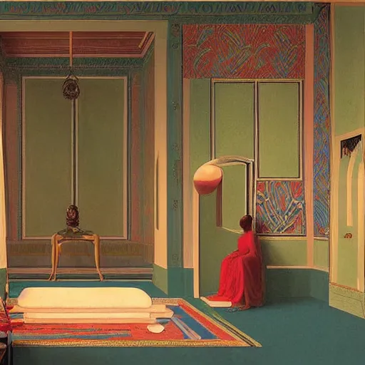Image similar to a goddess in a liminal room, film still by wes anderson, depicted by leon battista alberti, limited color palette, very intricate, art nouveau, highly detailed, lights by hopper, soft pastel colors, minimalist