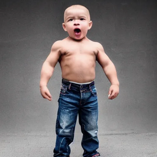 Image similar to huge muscles bodybuilder toddler, angry, ready to fight, 2 years old, barrel chested, rippling muscles, huge veins, bulging muscles, ripped, award winning photography, high detail