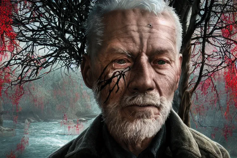 Prompt: an ultra realistic, cinematic, headshot portrait, of a cyberpunk old man with red short hair and tattoos, branches, facial features, background of a vast serene landscape, with trees and rivers, detailed, deep focus, movie still, dramatic lighting, ray tracing, by michal karcz and yoshitaka amano