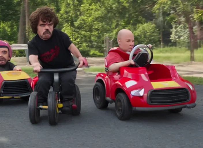 Image similar to peter dinklage racing gary coleman driving a little tikes cars, movie still, from the new fast and furious movie, 8 k, realistic