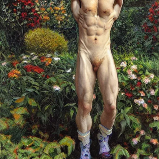 Prompt: pale screaming muscular ( vampire ), with jeans in a garden, by donato giancola.