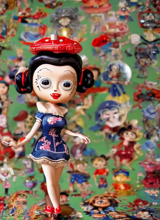 Image similar to closeup of a tin toy betty boop, depth of field, zeiss lens, detailed, symmetrical, centered, fashion photoshoot, by nicoletta ceccoli, mark ryden, lostfish, earl nore, hyung tae, frank frazetta, breathtaking, 8 k resolution, extremely detailed, beautiful, establishing shot, artistic, hyperrealistic, octane render