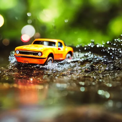 Image similar to macro photography of a toy hot wheels car driving through a creek in the rain, 3 5 mm