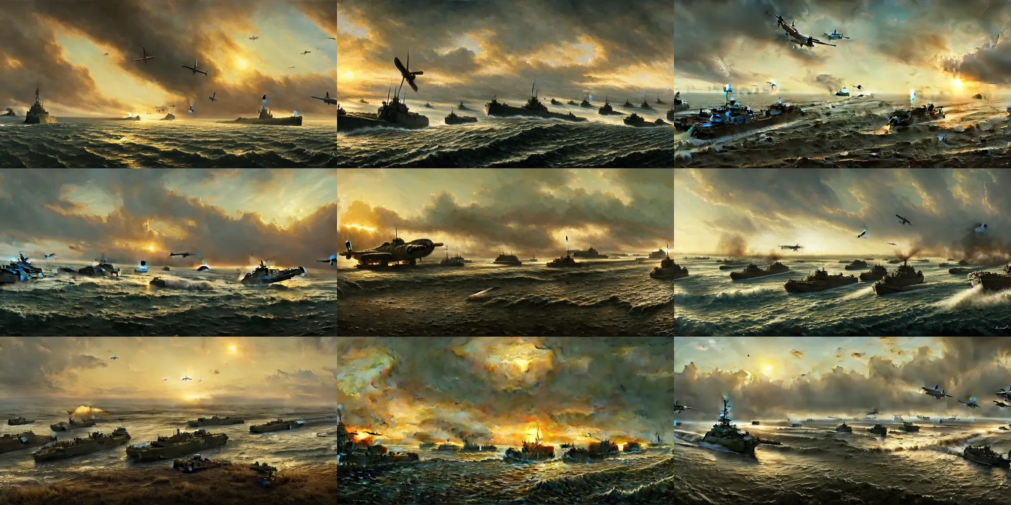 Prompt: the normandy landings, d - day, 1 9 4 5, highly detailed, wide shot, cinematic, ultra realistic, ray tracing, painting by jessica rossier and ivan shishkin