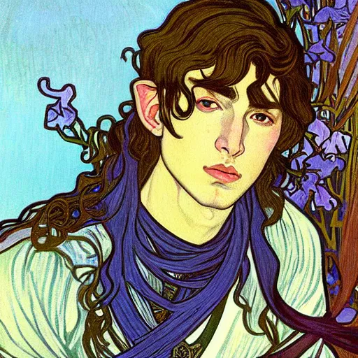 Image similar to painting of young handsome beautiful paladin elf!! man with long! wavy dark hair in his 2 0 s named taehyung minjun at the blueberry party, wearing armor!, long hair, elf ears, elegant, clear, painting, stylized, delicate, soft facial features, art, art by alphonse mucha, vincent van gogh, egon schiele,