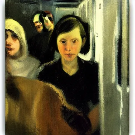 Image similar to “ a girl in the new york city subway, oil painting, by george bellows ”