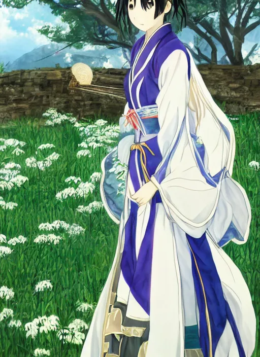Image similar to beautiful seductive girl wearing hanfu, farm background, by kyoani in the style of shining resonance, by yuumei