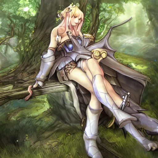 Image similar to a female knight resting in a glade, vanillaware artwork, dragon's crown concept art